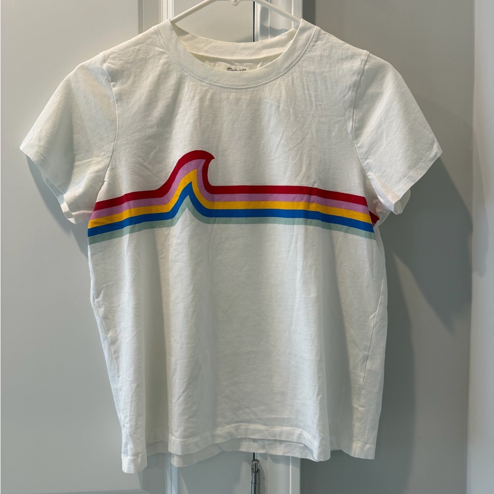Madewell White Tee with Rainbow Wave Stripes